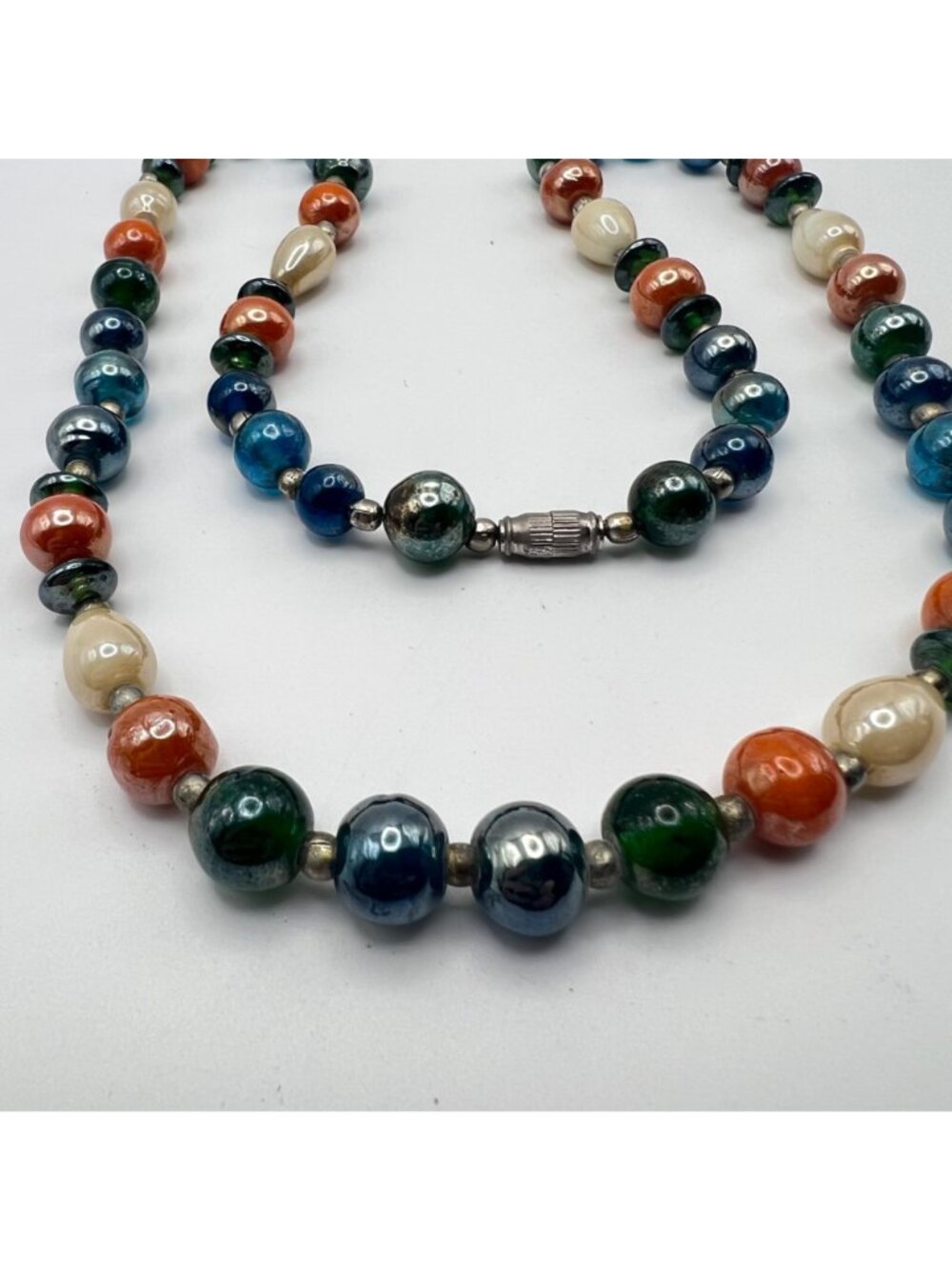 Vintage Glass Bead Necklace Blue Green Orange Cream Artisan 23" Barrel Clasp - Picture 4 of 8